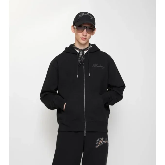 Hoodie aus Baumwolle mit Reißverschluss und kursivem Karomuster-Logo