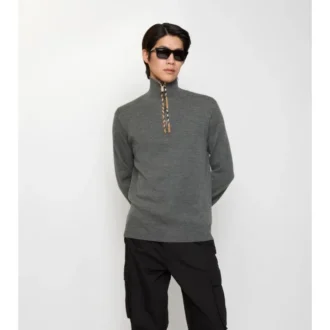Karierter Wollpullover mit halbem Reißverschluss