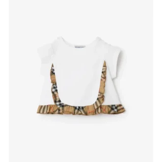 Kariertes Stretch-Baumwoll-T-Shirt mit Rüschen