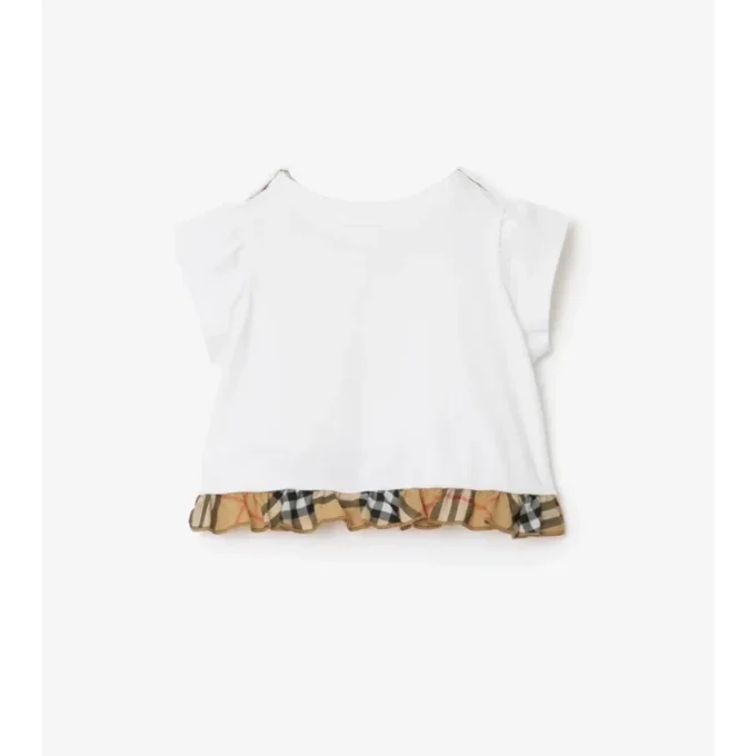 Kariertes Stretch-Baumwoll-T-Shirt mit Rüschen