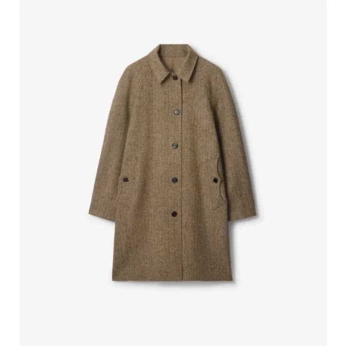 Langer Burberry-Car Coat aus Wolle mit Fischgrätenmuster