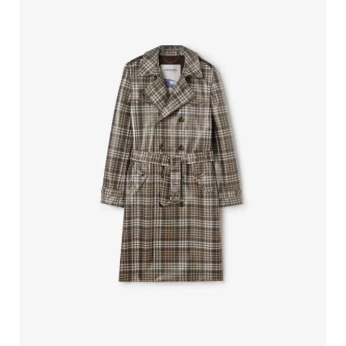 Langer, karierter Trench Coat „Foxfield“ mit Raffia-Effekt