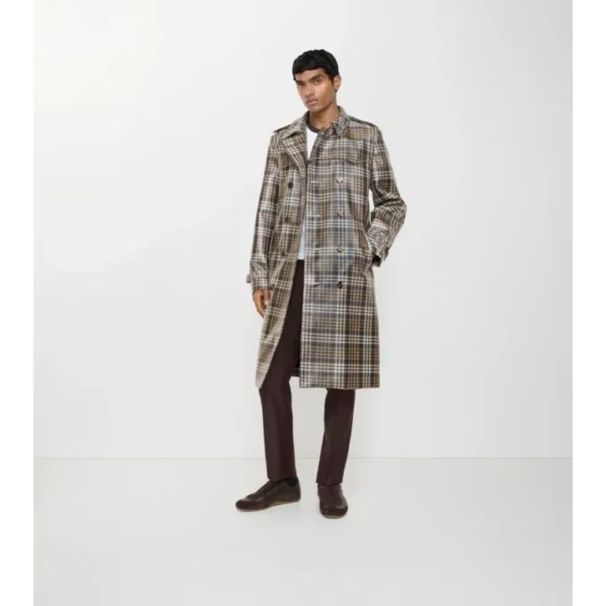 Langer, karierter Trench Coat „Foxfield“ mit Raffia-Effekt