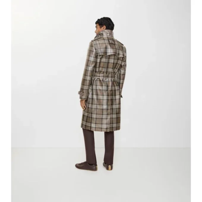 Langer, karierter Trench Coat „Foxfield“ mit Raffia-Effekt