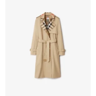 Langer Trench Coat aus Gabardine mit Karomuster und Kragen