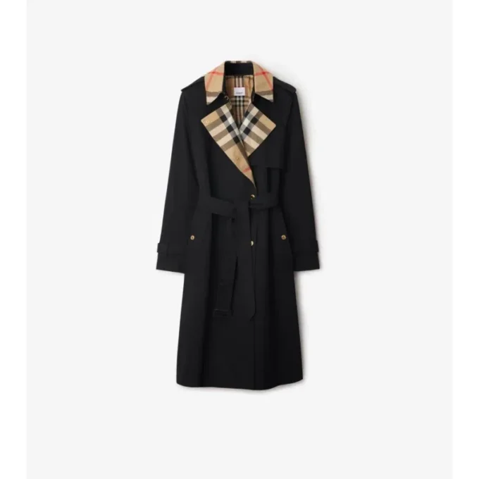 Langer Trench Coat aus Gabardine mit Karomuster und Kragen