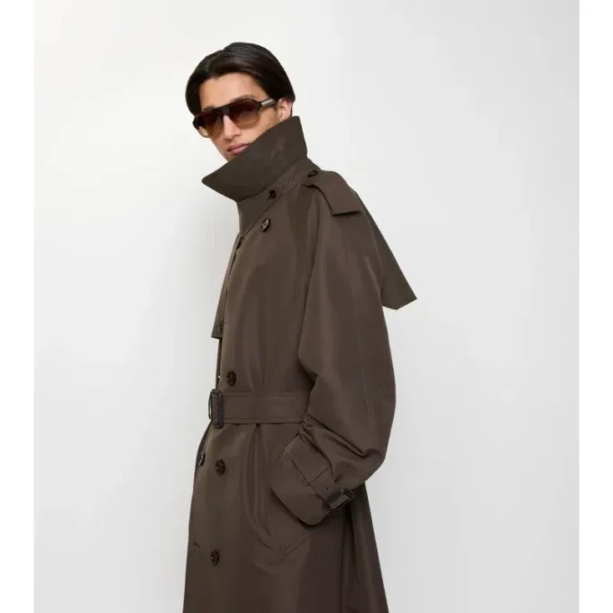 Langer Trench Coat aus Seiden-Baumwollmischung mit Karomuster und Kragen