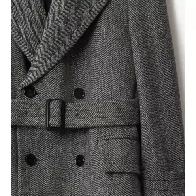 Langer Trench Coat aus Wolle mit Fischgrätenmuster